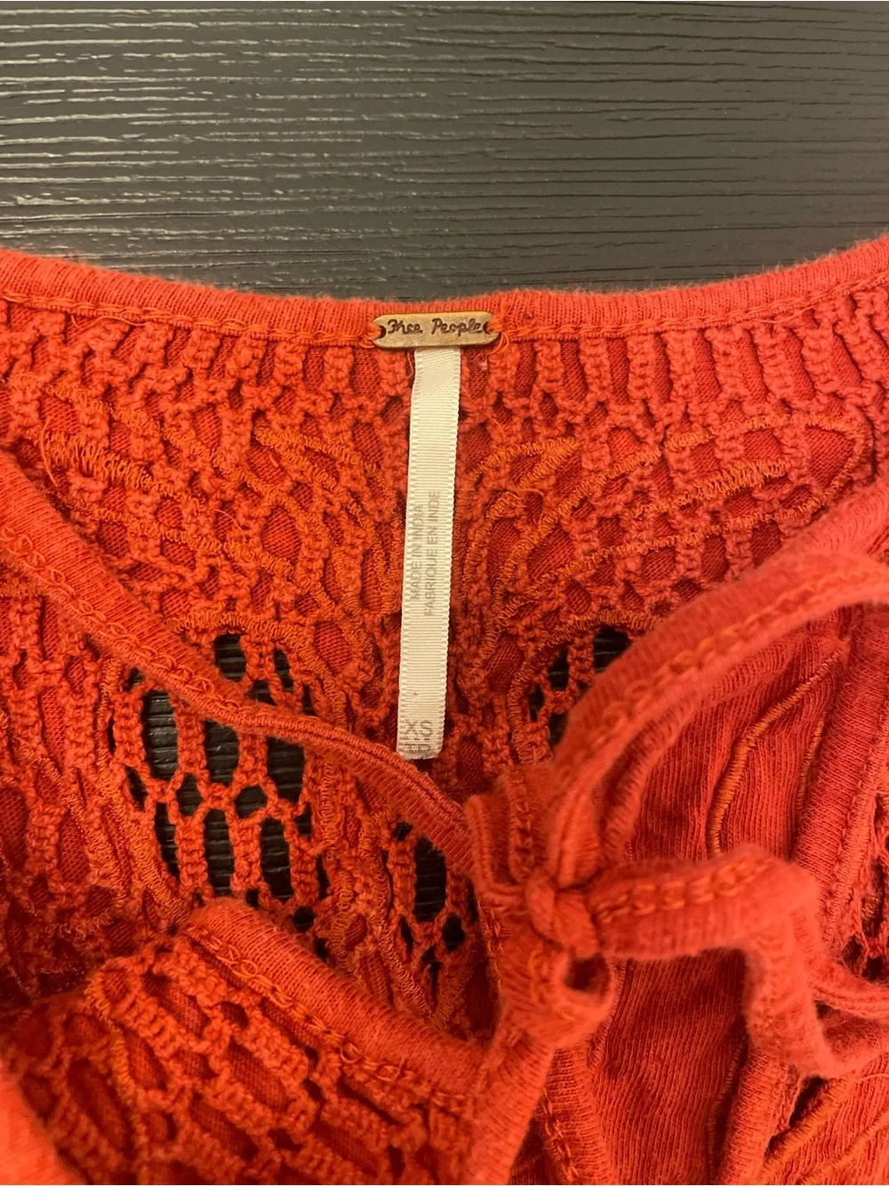 Free People Burnt Orange Long Sleeve Lace-Detail Ribbed Cotton Knit Keyhole Top